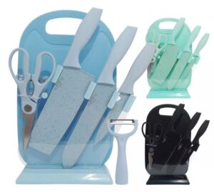 Set X7 Piezas De Cuchillos Acero Inoxidable Con Base Y Tabla